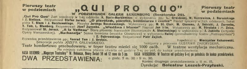 Reklama pierwszego programu Qui Pro Quo, Kurjer Świąteczny. R. 56, 1919, no 14 z 13. kwietnia 1919 r.