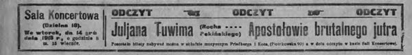 Odczyt "Apostołowie brutalnego jutra", Nowy Kurier Łódzki nr 343 z 15. grudnia 1915 r.